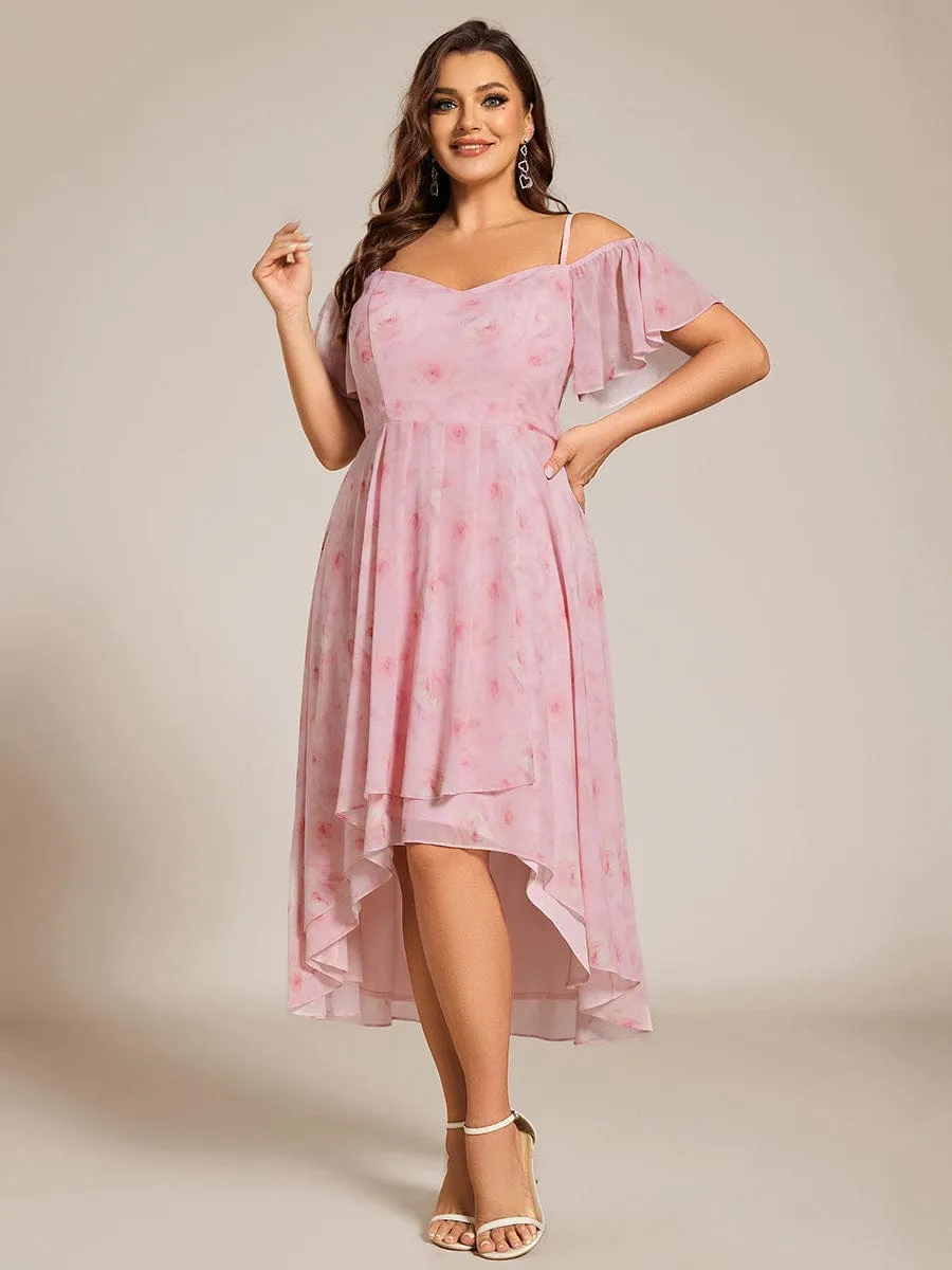 Plus Size Cold Shoulder Sweetheart Necklin Chiffon Midi Wedding Guest Dress