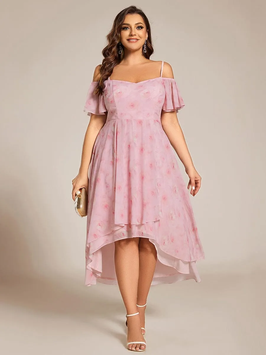 Plus Size Cold Shoulder Sweetheart Necklin Chiffon Midi Wedding Guest Dress