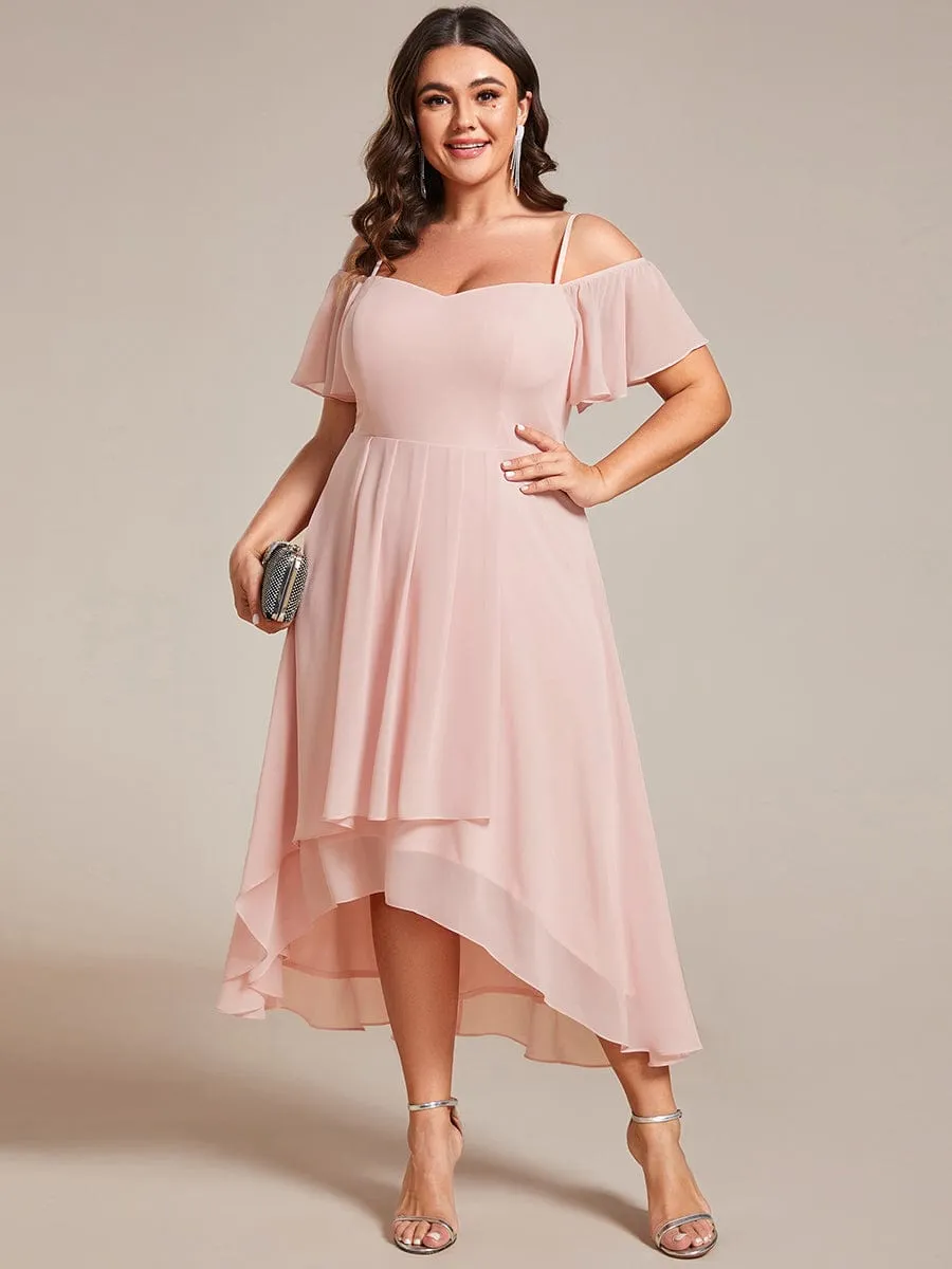 Plus Size Cold Shoulder Sweetheart Necklin Chiffon Midi Wedding Guest Dress