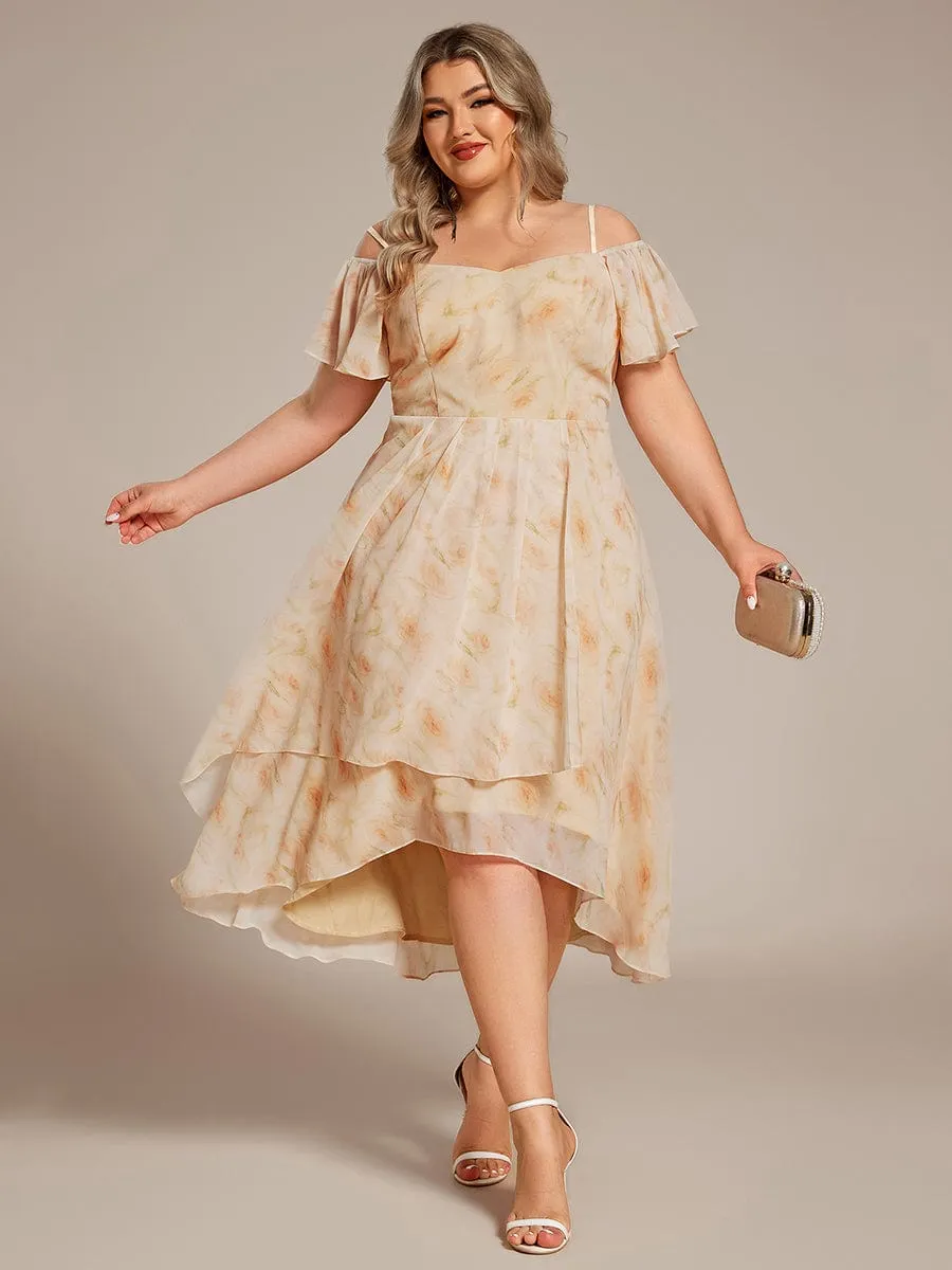 Plus Size Cold Shoulder Sweetheart Necklin Chiffon Midi Wedding Guest Dress