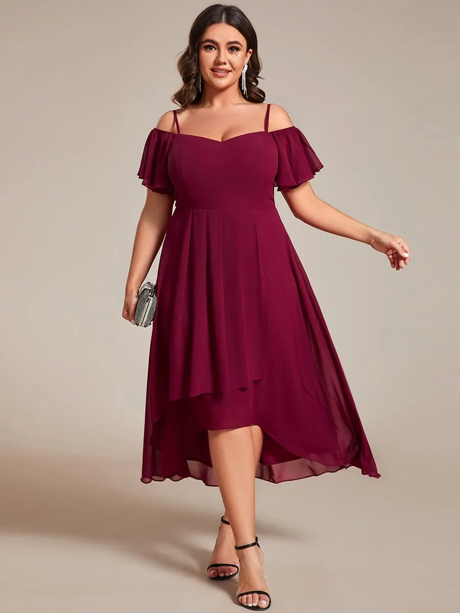 Plus Size Cold Shoulder Sweetheart Necklin Chiffon Midi Wedding Guest Dress