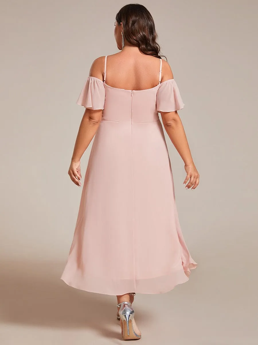 Plus Size Cold Shoulder Sweetheart Necklin Chiffon Midi Wedding Guest Dress