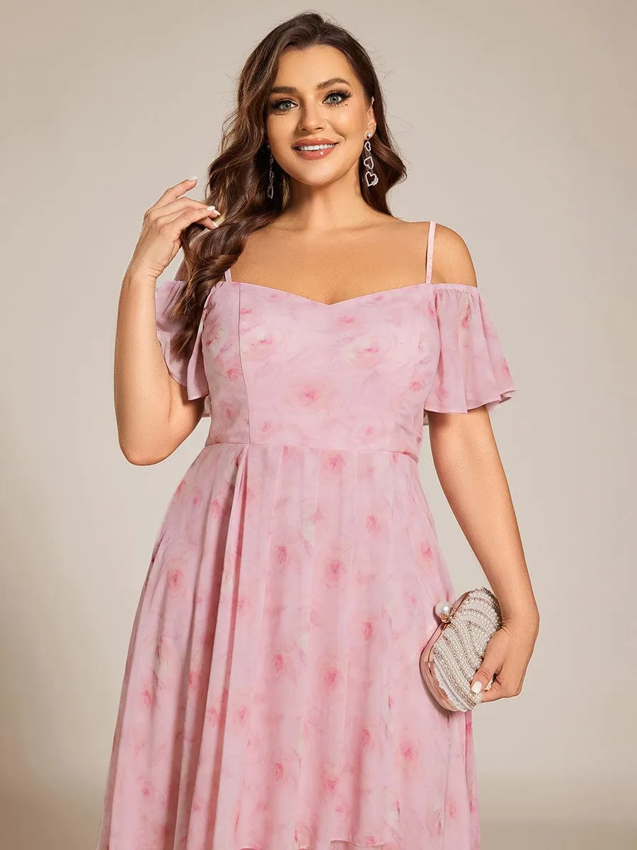 Plus Size Cold Shoulder Sweetheart Necklin Chiffon Midi Wedding Guest Dress