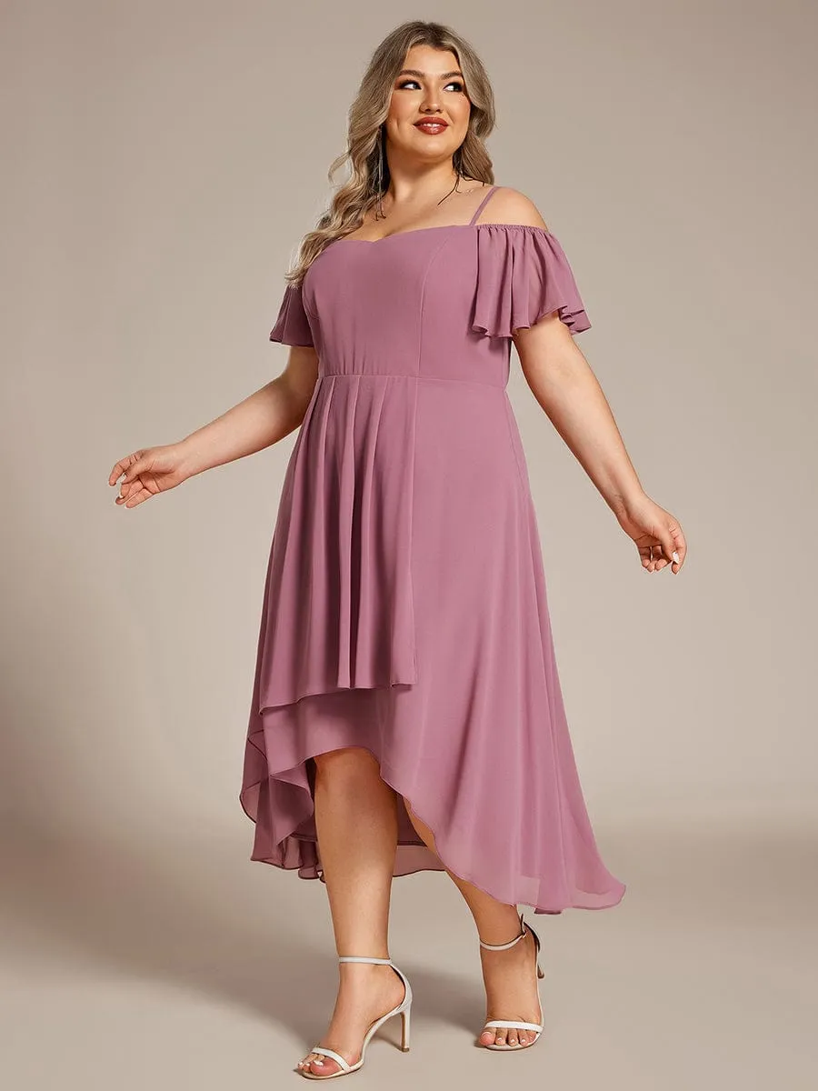 Plus Size Cold Shoulder Sweetheart Necklin Chiffon Midi Wedding Guest Dress