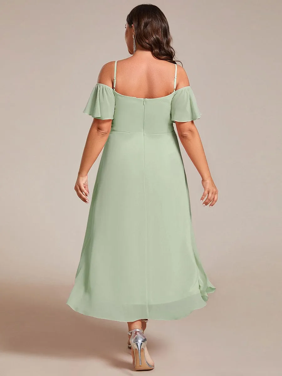 Plus Size Cold Shoulder Sweetheart Necklin Chiffon Midi Wedding Guest Dress