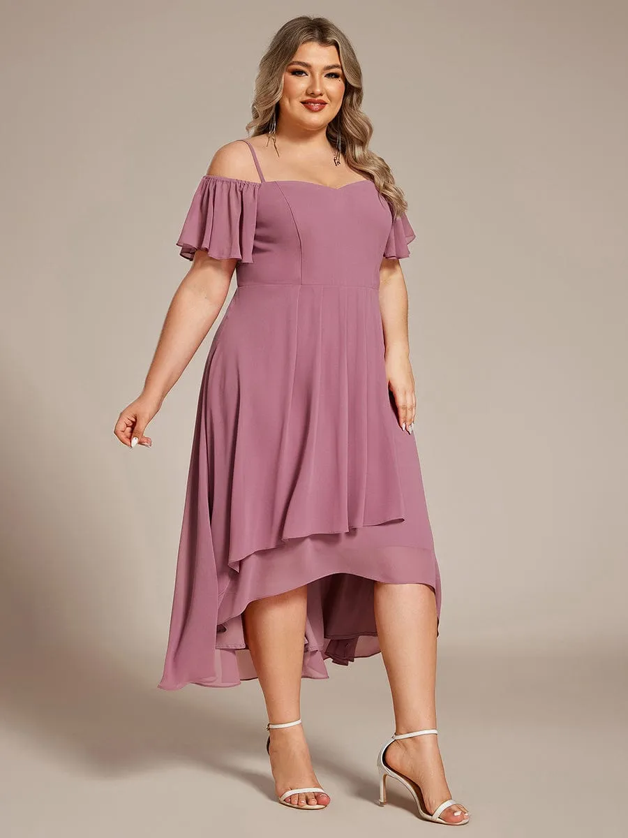 Plus Size Cold Shoulder Sweetheart Necklin Chiffon Midi Wedding Guest Dress