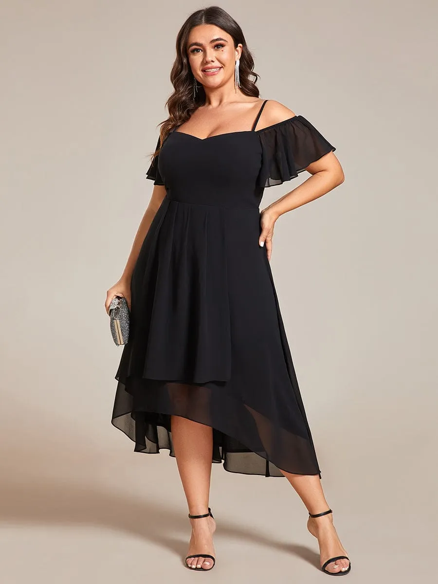 Plus Size Cold Shoulder Sweetheart Necklin Chiffon Midi Wedding Guest Dress