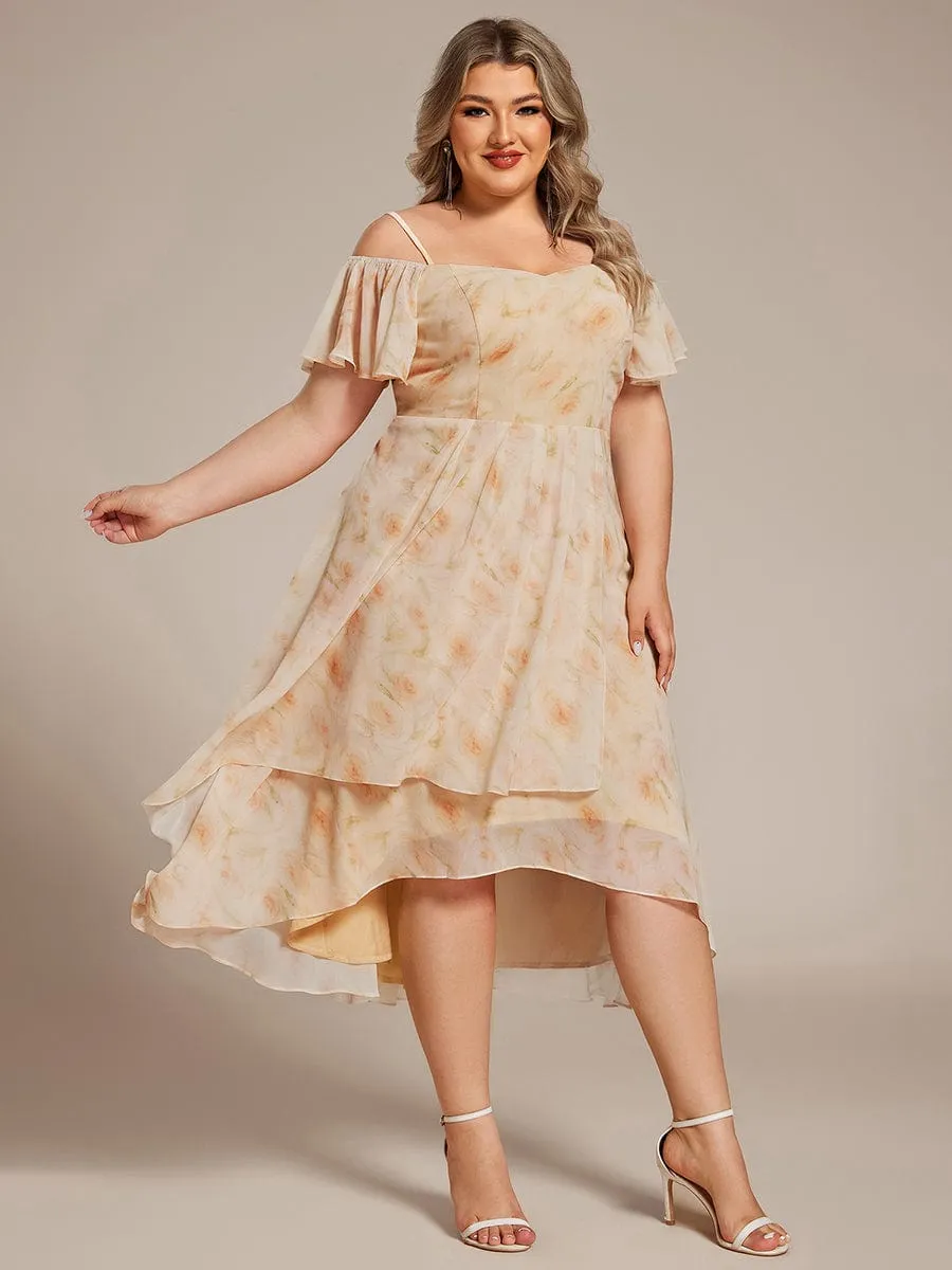 Plus Size Cold Shoulder Sweetheart Necklin Chiffon Midi Wedding Guest Dress