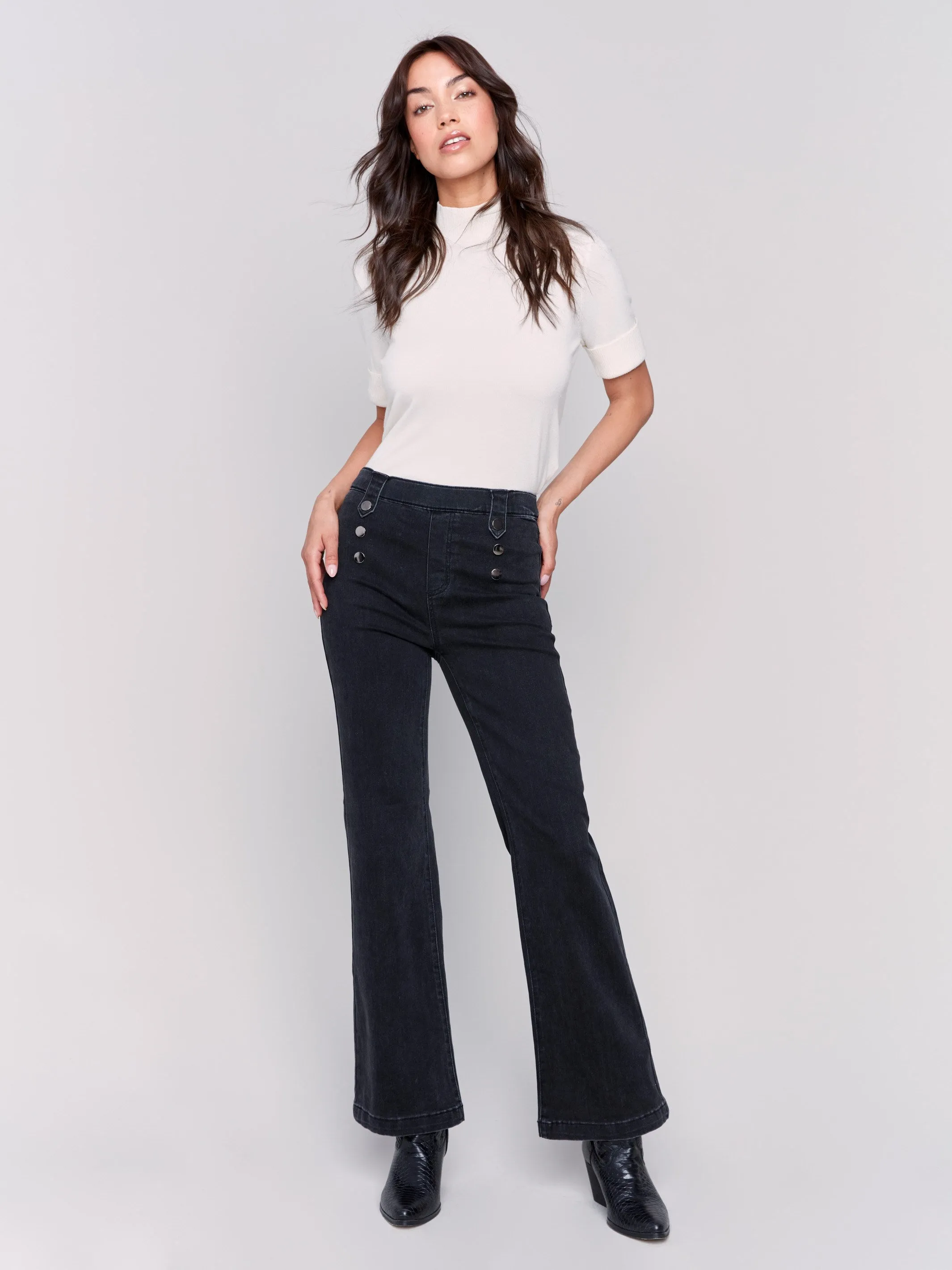 Pull-On Flare Jeans with Front Buttons - Charcoal