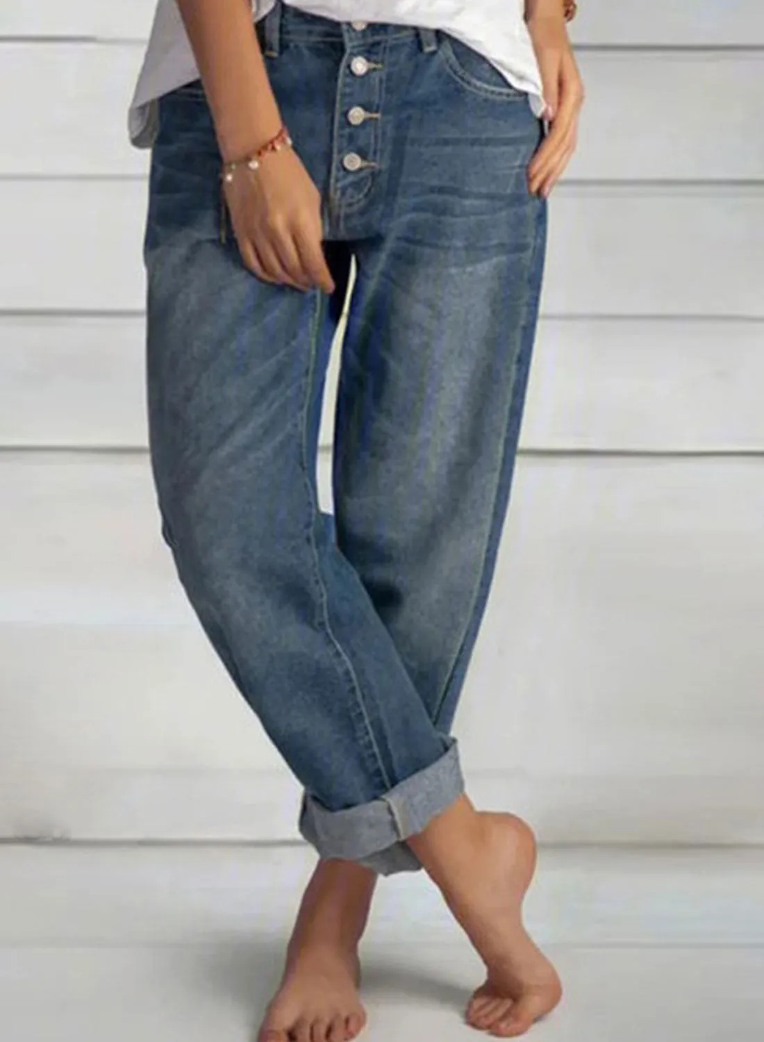 Relaxed Fit Blue Jeans Button-up Boyfriend Jean for Women