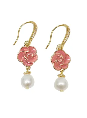 Timeless Pink Rose with Freshwater Pearls Dangle Earrings LE003