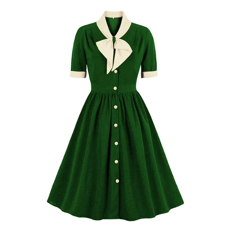 Vintage Bow Neck 50s Robes High Waist Pleated Swing Dress