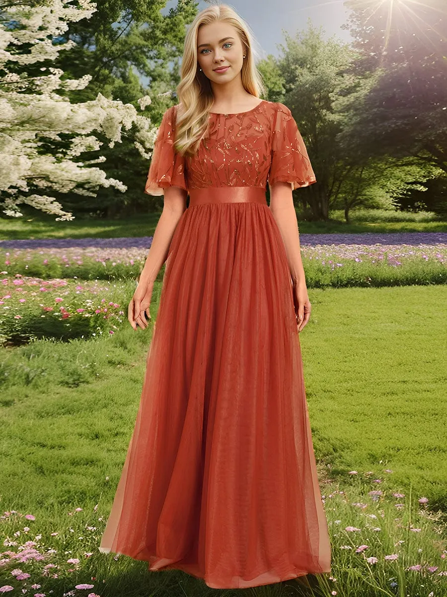 Women's A-Line Short Sleeve Embroidery Floor Length Evening Dresses