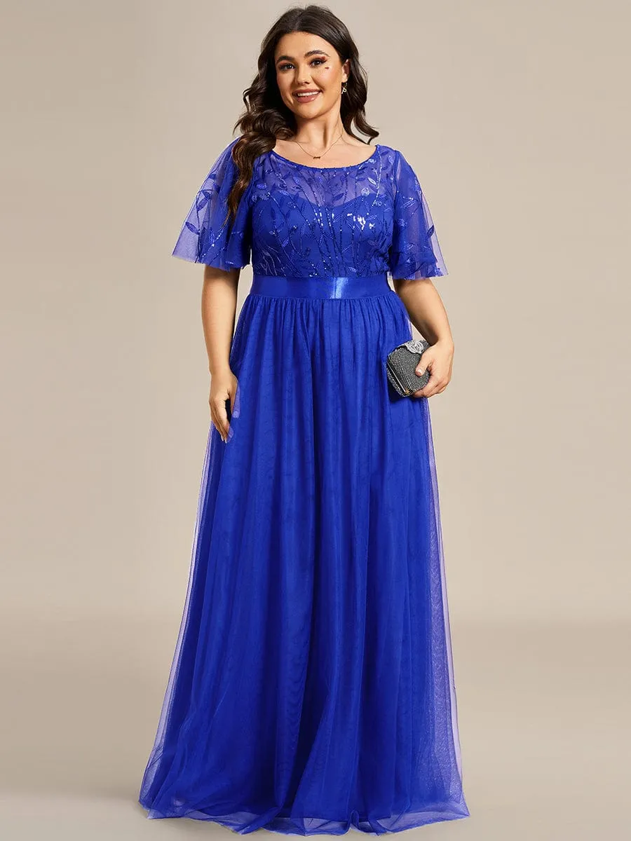 Women's A-Line Short Sleeve Embroidery Floor Length Evening Dresses