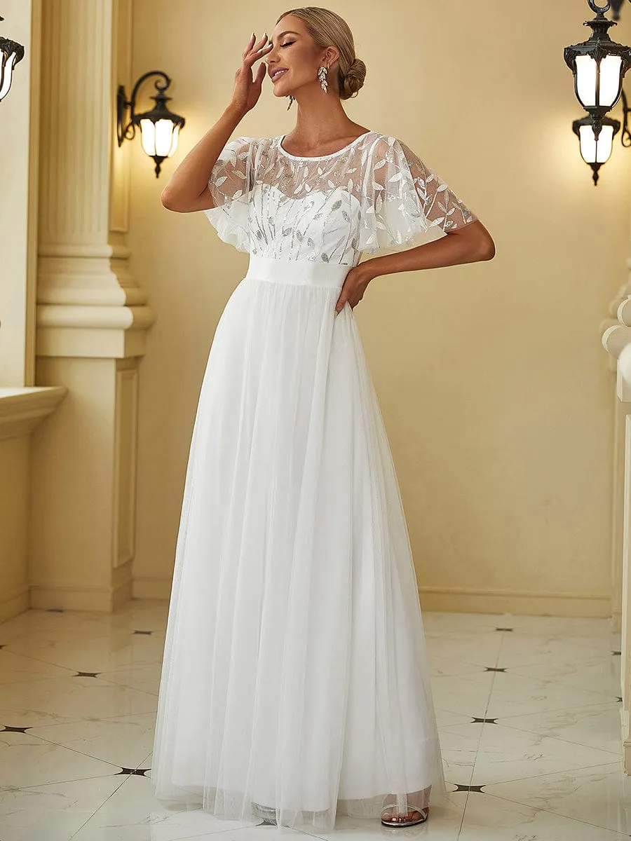 Women's A-Line Short Sleeve Embroidery Floor Length Evening Dresses