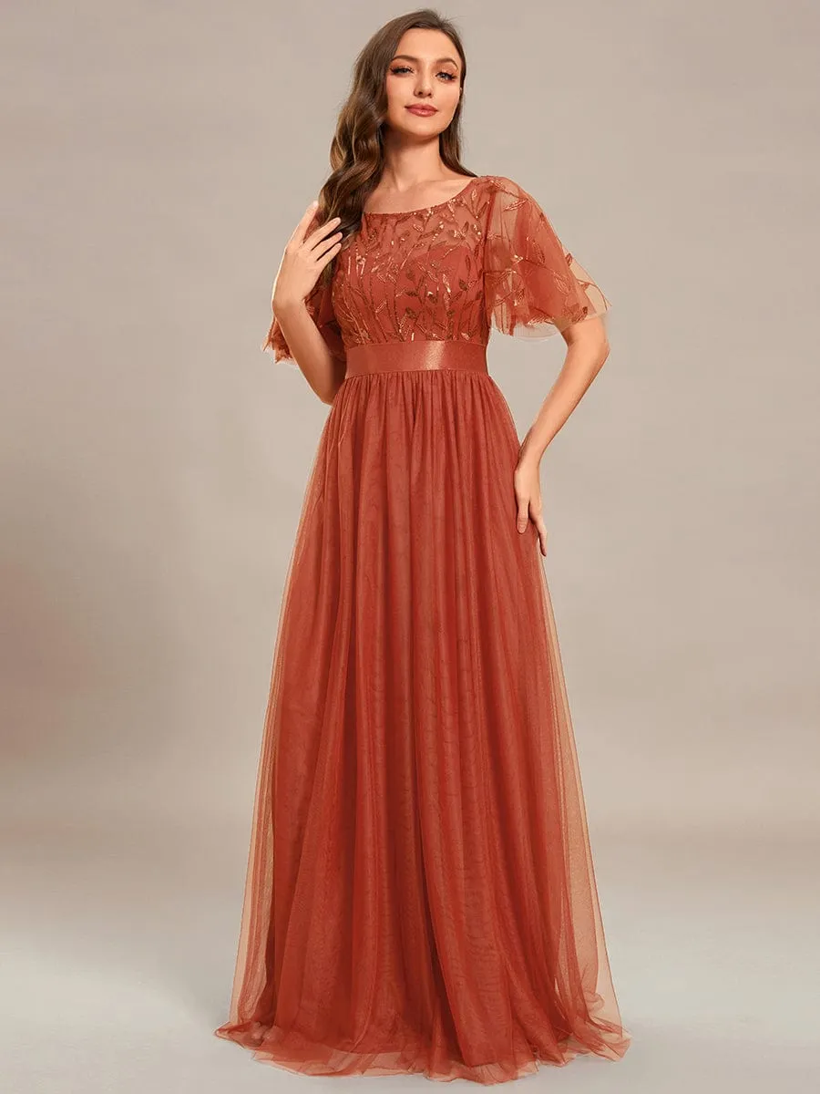 Women's A-Line Short Sleeve Embroidery Floor Length Evening Dresses